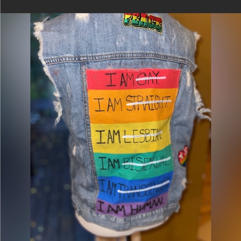 Sneak Peek Distressed Denim Jean Jacket with Rainbow Pride Patch